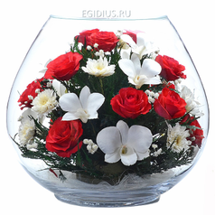 Цветы в стекле: Композиция из роз и орхидей (11511)
