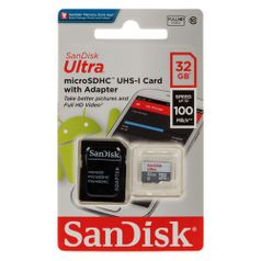 Карта памяти microSDHC UHS-I Sandisk Ultra 32 ГБ, 100 МБ/с, Class 10, SDSQUNR-032G-GN3MA, 1 шт., переходник SD (1445665)