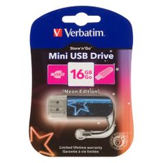 Флешка USB VERBATIM Mini Neon Edition 16Гб, USB2.0, синий и рисунок [49395] (374587)