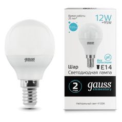Лампа LED GAUSS E14, шар, 12Вт, 4100К, белый нейтральный, Elementary, 1 шт. [53122] (1381240)