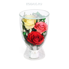Цветы в стекле: Композиция из красных, желтых и розовых роз (арт. CuLR5с) (19602)