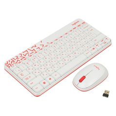 Комплект (клавиатура+мышь) Logitech MK240, USB, беспроводной, белый и красный [920-008212] (428030)