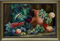 Картина на холсте маслом "Натюрморт с бокалом, фруктами и кувшином" 42 x 72 см. Автор: Маслова Ольга 
                         (1313)
