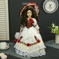 Кукла коллекционная керамика "Констанция в бело-бордовом платье с зонтом" 45 см    (52333)