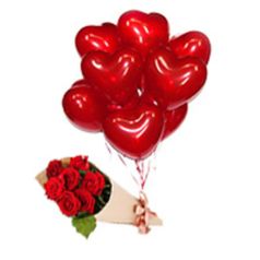 Букет из 7 роз и 10 красных шариков сердец (270279534)