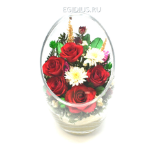Цветы в стекле: Композиция из натуральных роз и орхидей (13550)