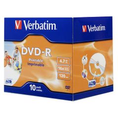 Оптический диск DVD-R VERBATIM 4.7Гб 16x, 10шт., jewel case, printable [43521] (49434)