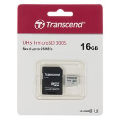 Карта памяти microSDHC UHS-I U1 Transcend 16 ГБ, 95 МБ/с, Class 10, TS16GUSD300S-A, 1 шт., переходник SD (1101937)
