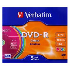Оптический диск DVD-R VERBATIM 4.7Гб 16x, 5шт., slim case, разноцветные [43557] (54128)