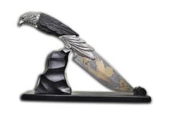 Нож Коршун,  композиция Охота коршуна,  из дамаска с позолотой и гравировкой,  объемная резьба из граба,  художественное литье из мельхиора (3078475399)