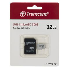 Карта памяти microSDHC UHS-I U1 Transcend 32 ГБ, 95 МБ/с, Class 10, TS32GUSD300S-A, 1 шт., переходник SD (1101941)