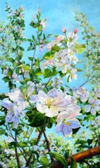 Картина на холсте маслом "Ветвь цветущей яблони" 50 x 30 см. Автор: Маслова Ольга 
                         (1936)