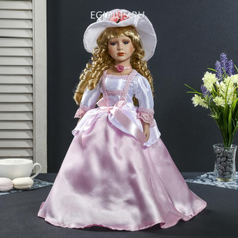 Кукла коллекционная керамика "Леди Магнолия в розовом платье в соломенной шляпке" 40 см    (52334)