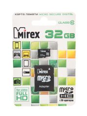 Карта памяти 32Gb - Mirex - Micro Secure Digital HC Class 10 13613-AD10SD32 с переходником под SD (311096)