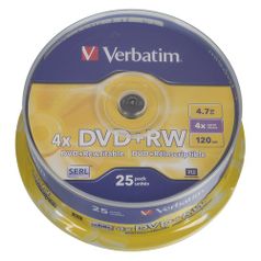 Оптический диск DVD+RW VERBATIM 4.7Гб 4x, 25шт., cake box [43489] (40409)