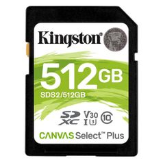 Карта памяти SDXC UHS-I U3 Kingston Canvas Select Plus 512 ГБ, 100 МБ/с, Class 10, SDS2/512GB, 1 шт. (1401297)