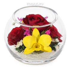 Цветы в стекле: Композиция из роз и орхидей (13539)