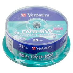 Оптический диск DVD-RW VERBATIM 4.7Гб 4x, 25шт., cake box [43639] (82193)