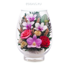 Цветы в стекле: Композиция из розовых роз и орхидей  (23930)