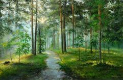 Картина на холсте маслом "Утренние лучи солнца в свежем лесу" 50 x 75 см. Автор: Солодкая Инна 
                         (1896)