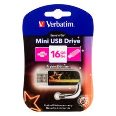 Флешка USB VERBATIM Mini Neon Edition 16Гб, USB2.0, оранжевый и рисунок [49394] (374521)