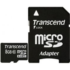 Карта памяти 8Gb - Transcend - Micro Secure Digital HC Class 10 TS8GUSDHC10 с переходником под SD (48702)