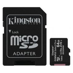 Карта памяти microSDXC UHS-I Kingston CanvSelect Plus 64 ГБ, 100 МБ/с, Class 10, SDCS2/64GB, 1 шт., переходник SD (1206992)