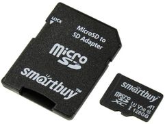 Карта памяти 128Gb - SmartBuy MicroSD Class 10 Advanced U3 V30 A1 SB128GBSDU1A-AD с адаптером SD (836958)