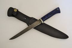 Нож филейный из дамаска,  рукоять из микарты черно-синего цвета,  упор из мельхиора с фиброй (2498082226)