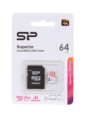 Карта памяти 64Gb - Silicon Power Superior A1 MicroSDXC Class 10 UHS-I U3 SP064GBSTXDV3V20SP с адаптером SD (881919)