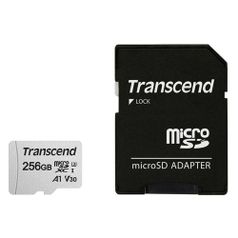 Карта памяти microSDXC UHS-I U3 Transcend 256 ГБ, 95 МБ/с, Class 10, TS256GUSD300S-A, 1 шт., переходник SD (1192679)