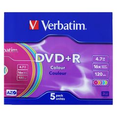 Оптический диск DVD+R VERBATIM 4.7Гб 16x, 5шт., slim case, разноцветные [43556] (54122)