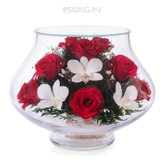 Цветы в стекле: Композиция из красных роз и орхидей (13196)