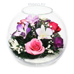 Цветы в стекле: Композиция из роз и орхидей (13174)