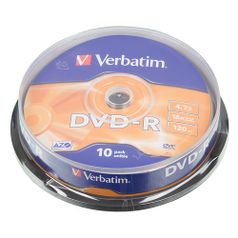 Оптический диск DVD-R VERBATIM 4.7Гб 16x, 10шт., cake box [43523] (49431)