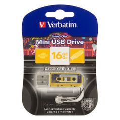 Флешка USB VERBATIM Mini Cassette Edition 16Гб, USB2.0, желтый и рисунок [49399] (374591)