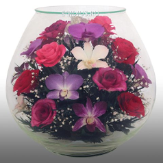Цветы в стекле: Композиция из натуральных орхидей и роз. (10250)