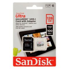 Карта памяти microSDXC UHS-I Sandisk Ultra 128 ГБ, 100 МБ/с, Class 10, SDSQUNR-128G-GN6TA, 1 шт., переходник SD (1445667)