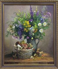 Картина на холсте маслом "Полевые цветы и корзинка с грибами" 62 x 52 см. Автор: Варламова Оксана 
                         (1909)
