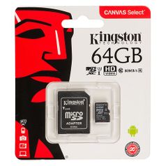 Карта памяти microSDXC UHS-I U1 KINGSTON Canvas Select 64 ГБ, 80 МБ/с, Class 10, SDCS/64GB, 1 шт., переходник SD (1048263)