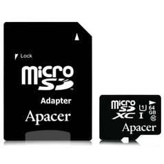Карта памяти 64Gb - Apacer - Micro Secure Digital XC Class 10 UHS-I U1 AP64GMCSX10U1-R с переходником под SD (151602)