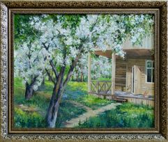 Картина на холсте маслом "Цветущий Сад у Дома за окном" 42 x 52 см. Автор: Маслова Ольга 
                         (1645)